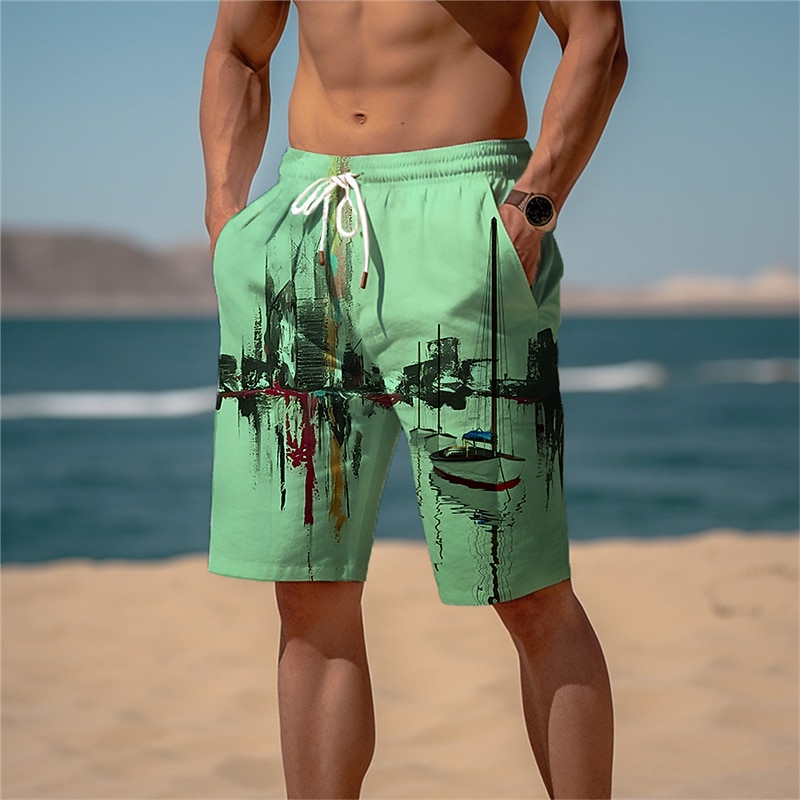 Men's Graphic Prints Building Sailboat Beach Shorts Terry Shorts Mid Waist Casual Athleisure Daily Holiday Streetwear Drawstring Elastic Waist 3D Print Designer Clothing Apparel3