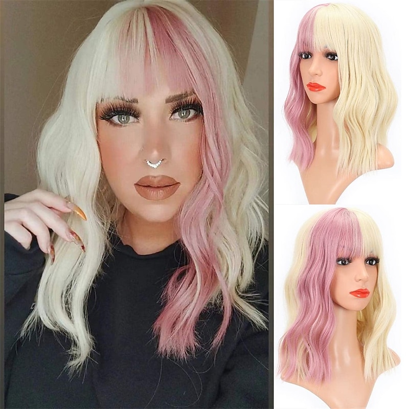Short Blonde Wig Highlight Pink Wigs With Bangs Women's Blonde Mixed Pink Bob Wig Curly Wavy Synthetic Cosplay Wig Shoulder Length Wig for Girl's Halloween Cosplay Party Wigs2