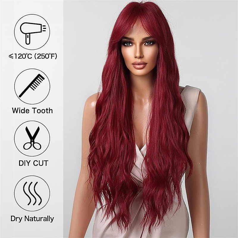 Red Wigs for Women Cosplay Long Natural Wavy Party Synthetic Hair Wig with Bangs4
