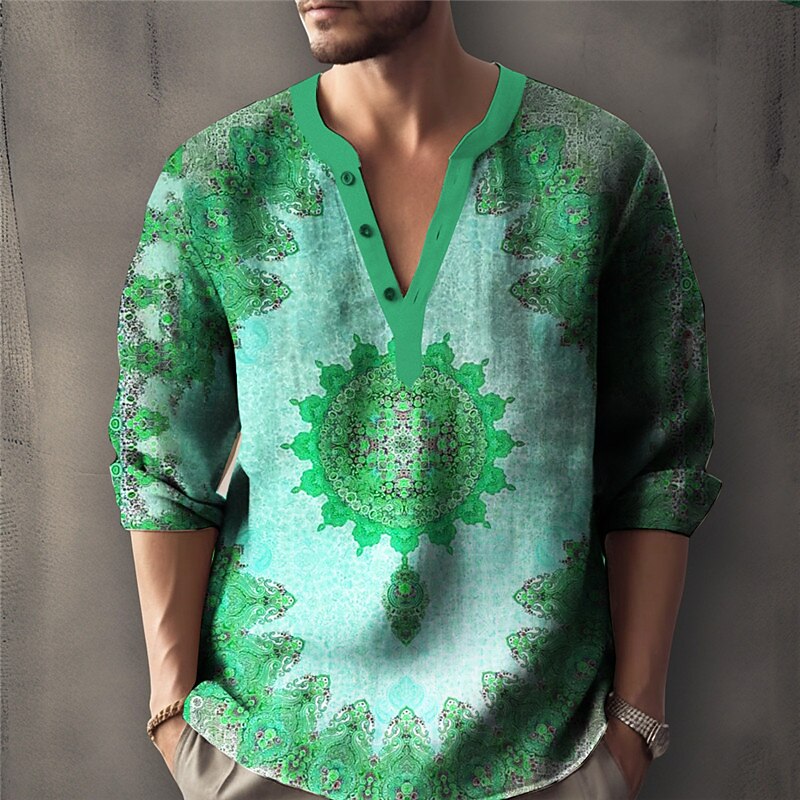 Men's Vintage Totem Shirt Button Up Shirt Long Sleeve Fashion Streetwear Designer Outdoor Casual Daily Summer Spring Fall Stand Collar Print Yellow Red Blue Green Gray3