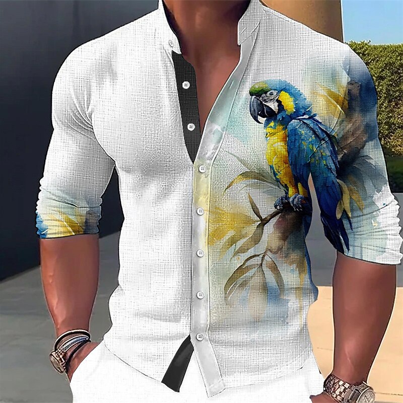 Men's Parrot Shirt Button Up Shirt Long Sleeve Fashion Streetwear Designer Outdoor Casual Daily Summer Spring Fall Stand Collar Print Yellow Pink Red Blue Green - Main Image