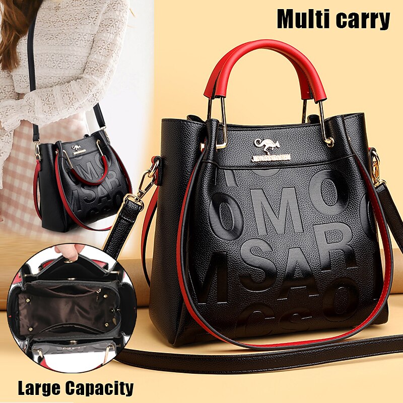 Women's Faux Leather Handbag with Embossed Letters and Red Handle - Ideal for Casual and Formal Events