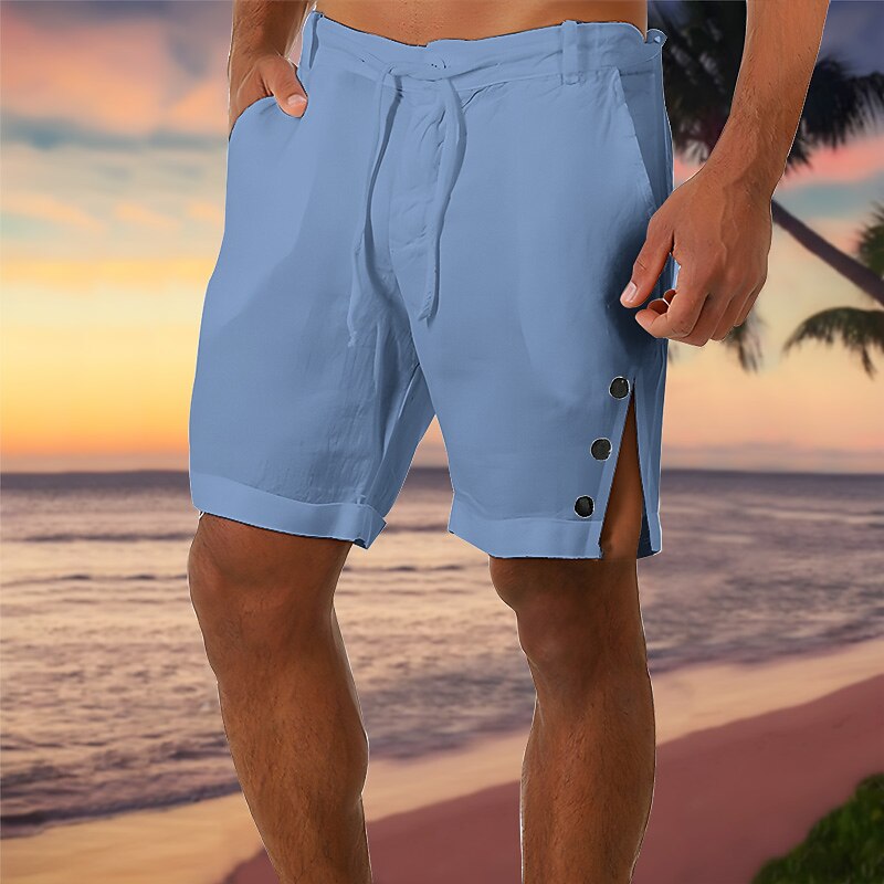 Men's Shorts Linen Shorts Summer Shorts Beach Shorts Drawstring Pocket Side Button Plain Comfort Breathable Short Casual Daily Holiday Fashion Designer Black White3
