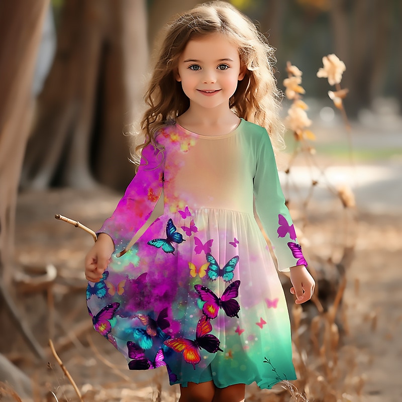 Girls' 3D Graphic Butterfly Dress Long Sleeve 3D Print Summer Spring Fall Vacation Sports & Outdoor Daily Cute Casual Beautiful Kids 3-12 Years Casual Dress A Line Dress Above Knee Regular Fit2