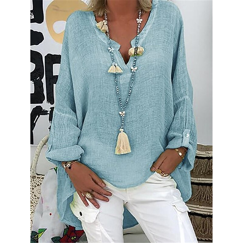 Women's Shirt Blouse Cotton Linen Shirts Solid Basic Long Sleeve V Neck Long Tops Casual Daily Black White Pink Army Green Blue Summer Spring4