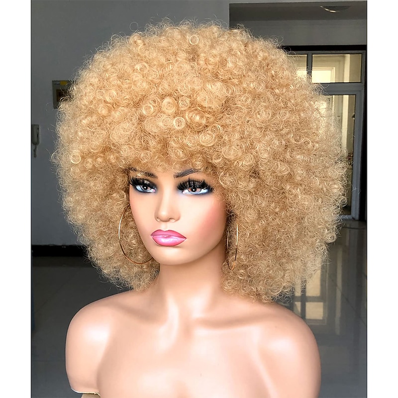 Short Afro Wig with Bangs for Black Women Afro Kinky Curly Wig 70s Premium Synthetic Big Afro Wig Halloween Cosplay Party Wigs3