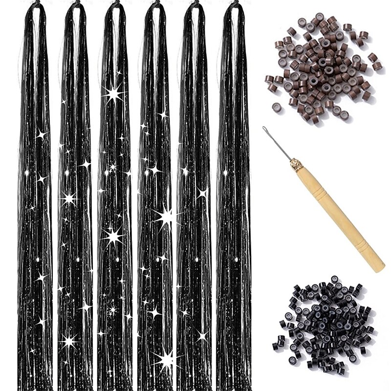Black Hair Tinsel Kit with Tool 6pcs 1200 Strands Hair Tinsel Heat Resistant Fairy Hair Sparkling Shiny Glitter Tinsel Hair Extensions for Women Girls Kids 47Inch