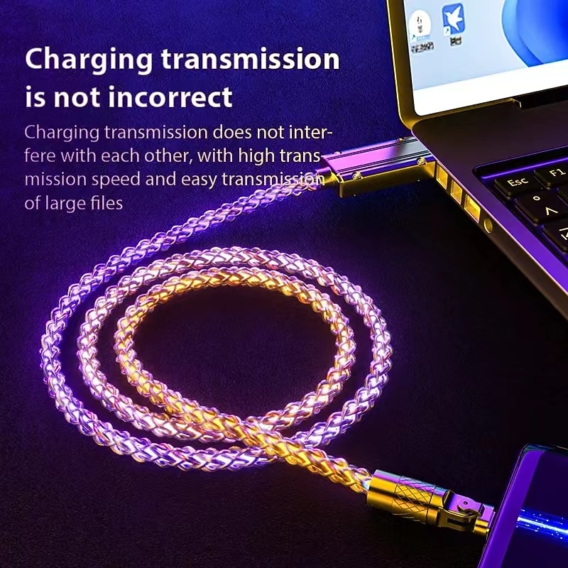180° Rotatable RGB Lighting Charging Cable 6A 120W Super Fast Charging Cable USB A RGB Gradient Charge Line for Iphone HUAWEI Xiaomi4