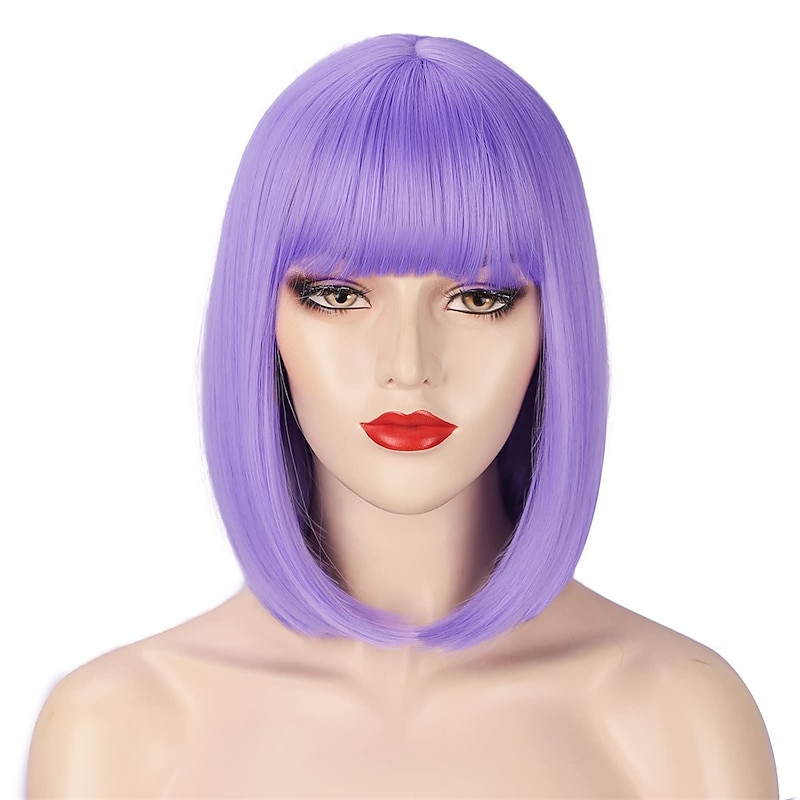 Purple Wig with Bangs Short Straight Bob Wigs for Women 12 Inch Synthetic Colorful Cosplay Party Wig Halloween Wigs2