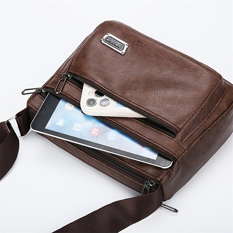 Men's Brown Faux Leather Crossbody Bag - Multi-Zipper Pockets Messenger Shoulder Bag for Everyday Use and Travel3