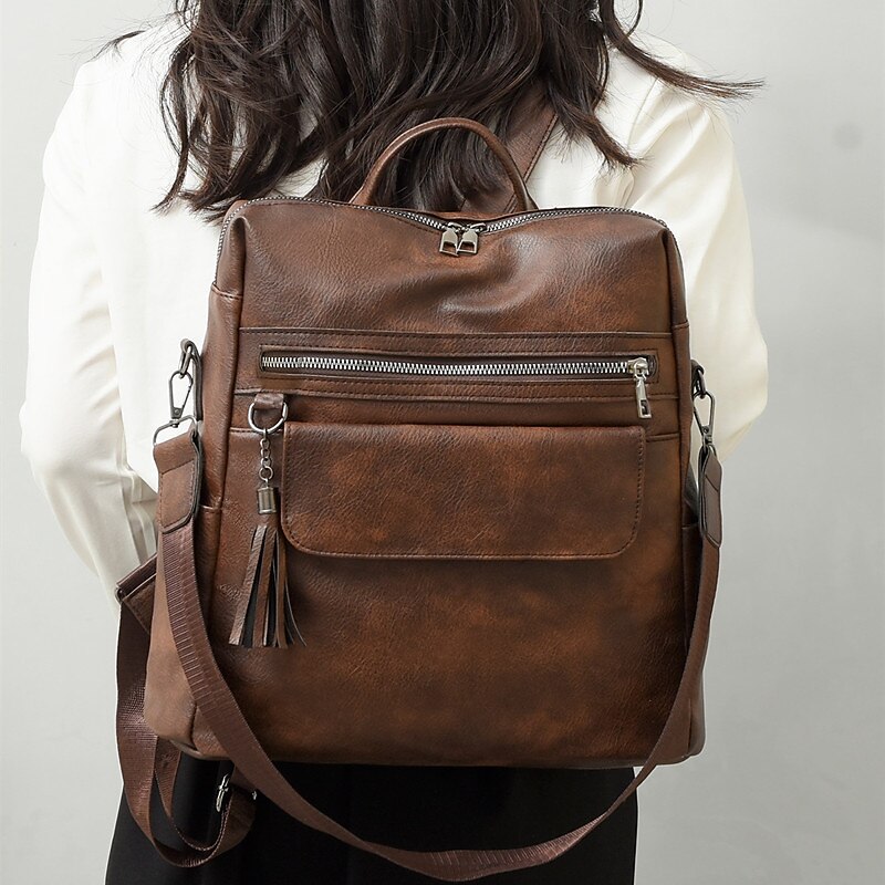 Women's Vintage Faux Leather Backpack Purse with Tassel and Convertible Strap – Stylish Anti-Theft Shoulder Bag for Travel, Work, or Daily Use2