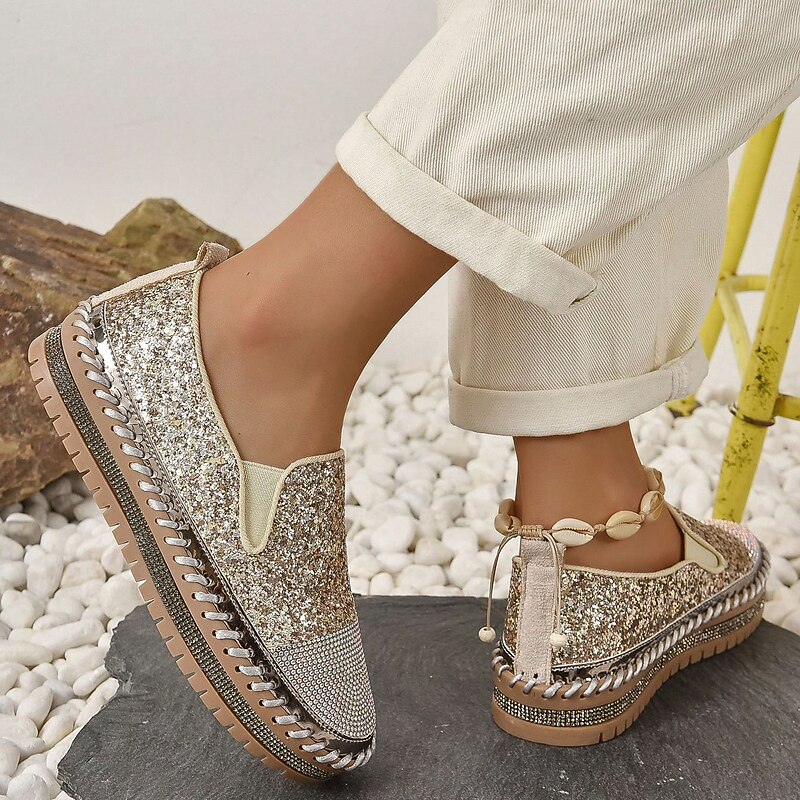 Women's Glitter Slip-On Loafers – Sparkly Rhinestone Embellished Platform Shoes for Casual Wear and Summer Outings2