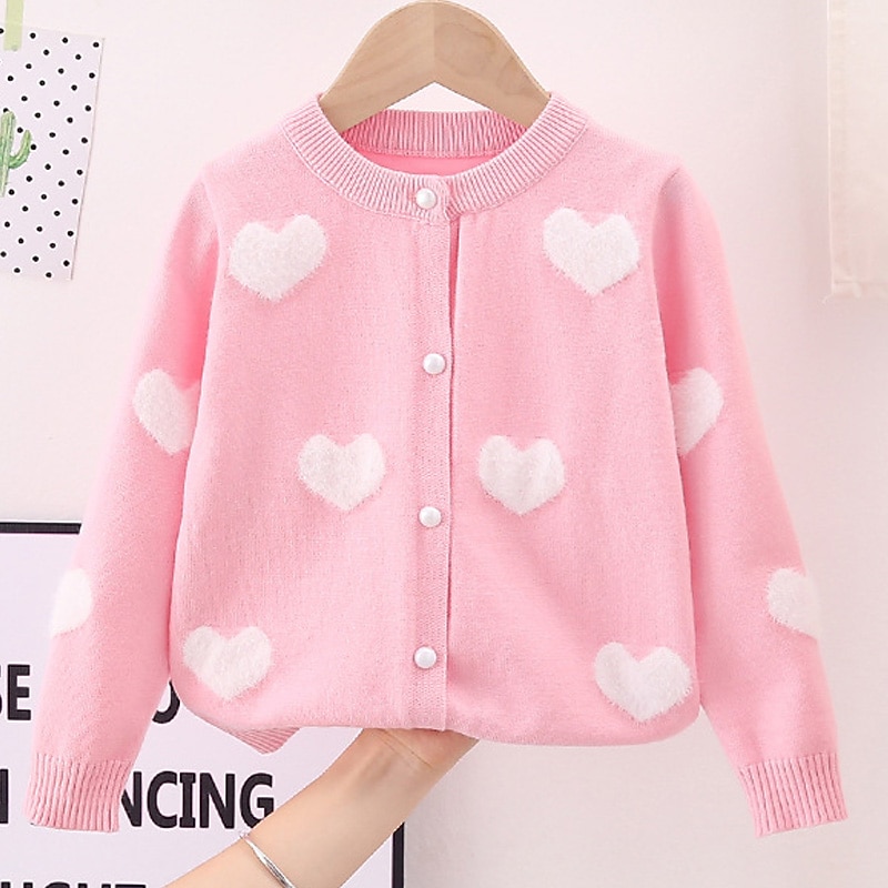 Kids Girls' Sweater Coat Heart Fashion Buttons Outdoor Coat Outerwear 2-8 Years Spring White Pink Red