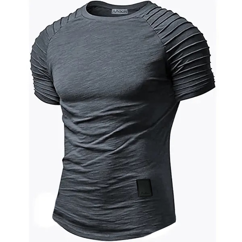 Men's T Shirt Short Sleeve Pleated Sleeve Crew Neck Summer Plain Slim Pleated Sport Designer Casual Fashion Vacation Daily Wear Going out Drak Gray White Black Top Tee for Men2