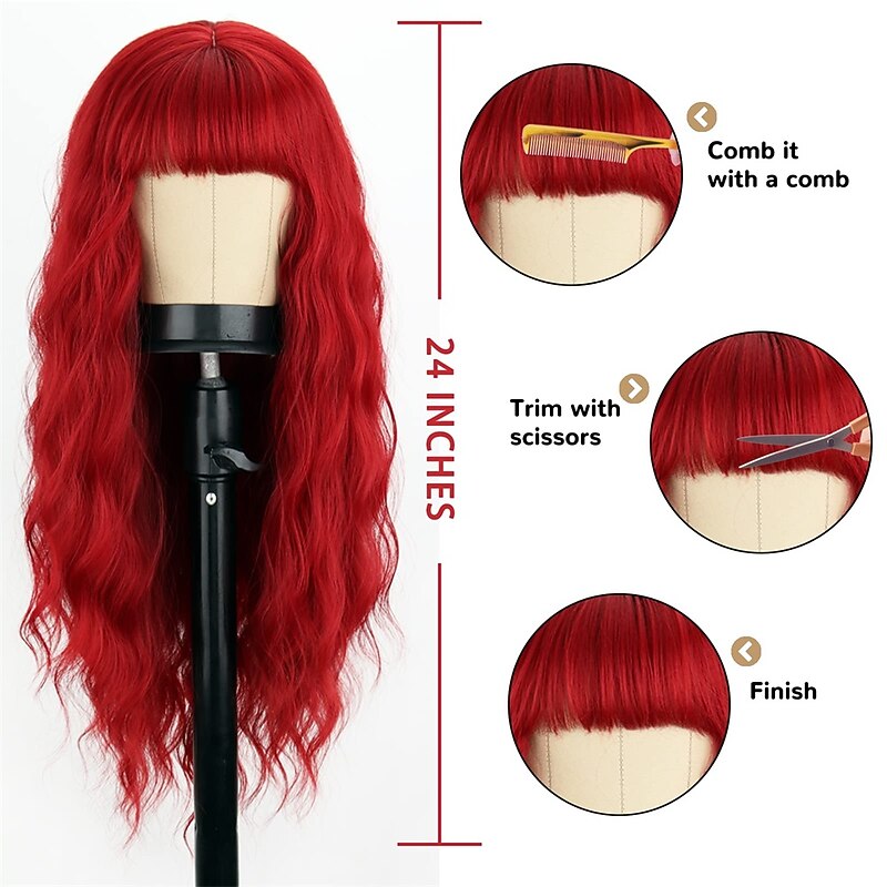 Long Wavy Red Wig with Bangs Synthetic Long Red Hair wigs for Women Wine Red Curly Cosplay Burgundy Wig for Girls Daily Party Use Halloween Wigs2