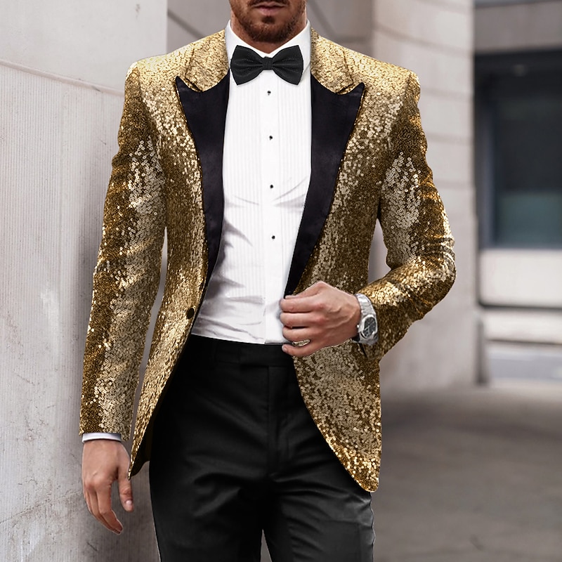 Men's Party Sequin Blazer 70s Disco Retro Casual Jacket Regular Solid Colored Single Breasted One-button Black Gold Silver Red Blue