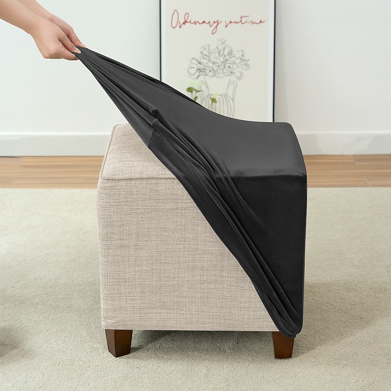 Stretch Ottoman Cover Burgundy Velvet Square Ottoman Slipcovers Rectangular Foldable Storage Stool Cover Bench Cover Furniture Protector Soft Slipcover with Elastic Bottom4