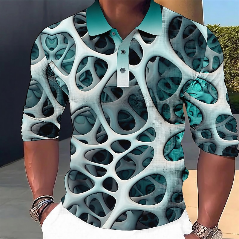 Men's Graphic Polo Shirts Golf Shirt Long Sleeve Polo Shirts Collared Shirts Casual Vacation Wear Rave Wear Party Outfits 3D Print Buttons Light Green Wine Blue