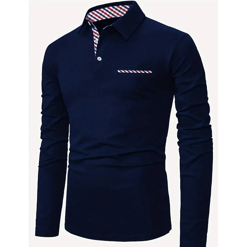 Men's Button Up Polos Polo Shirt Casual Sports Lapel Long Sleeve Fashion Basic Plain Patchwork Button Summer Regular Fit Black Red Navy Blue Button Up Polos3