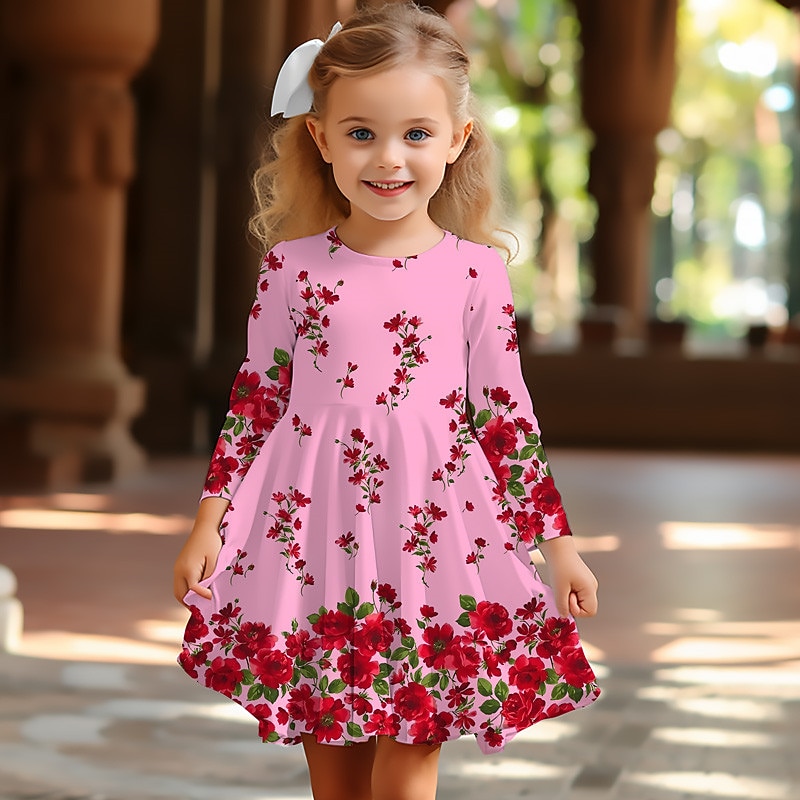 Easter Girls' 3D Floral Graphic Dress Long Sleeve 3D Print Summer Spring Fall Vacation Sports & Outdoor Daily Cute Casual Beautiful Kids 3-12 Years Casual Dress A Line Dress Above Knee Regular Fit4