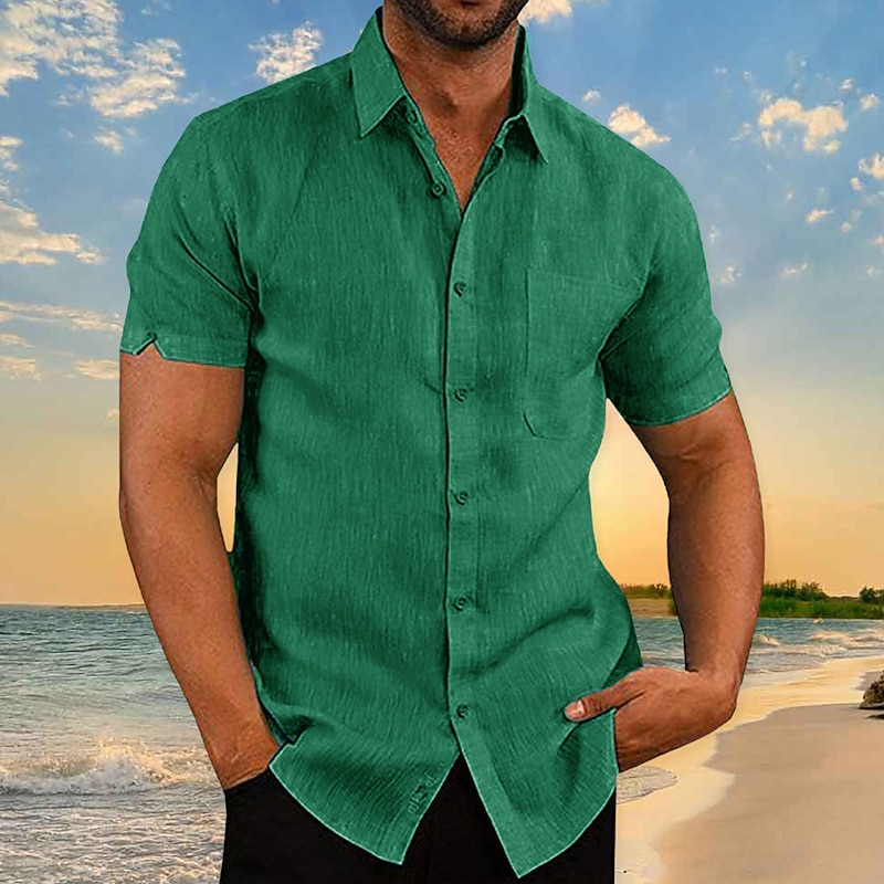 Men's Shirt Linen Shirt Summer Shirt Beach Wear Button Up Shirt Plain Vacation Curise Black White Green Khaki Short Sleeve Collar Clothing Apparel