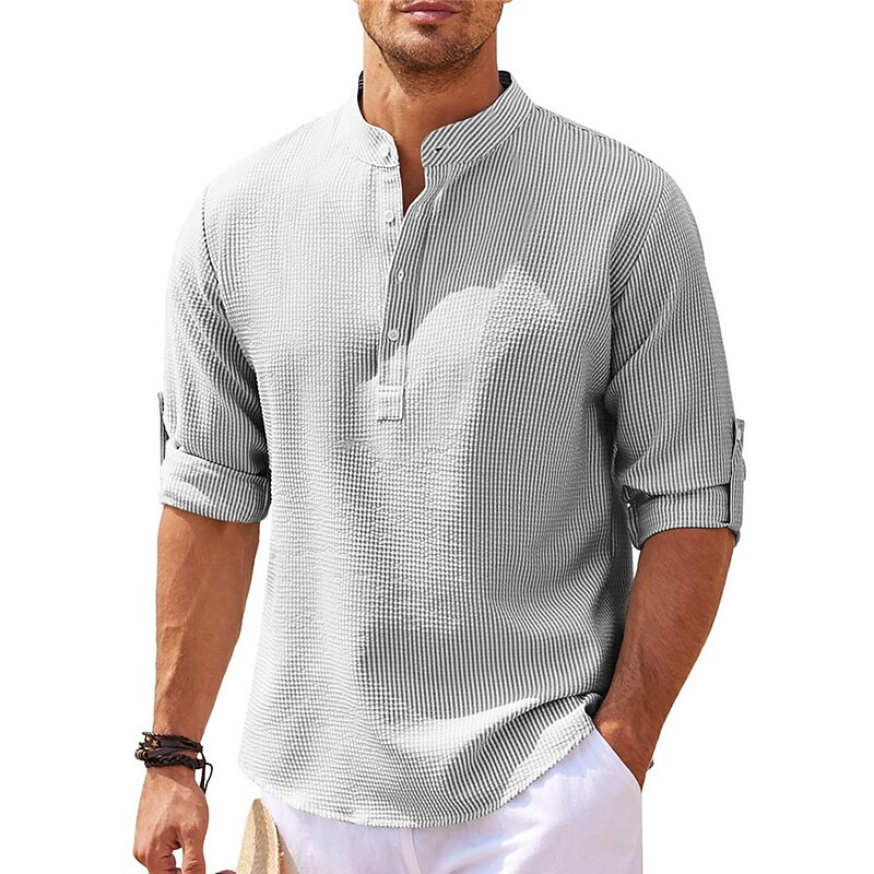 Men's Shirt Popover Shirt Summer Shirt Beach Wear Casual Shirt Band Collar Shirt White Blue Light Grey Dark Gray Long Sleeve Plain Henley Daily Vacation Clothing Apparel Cotton Blend Fashion Casual4