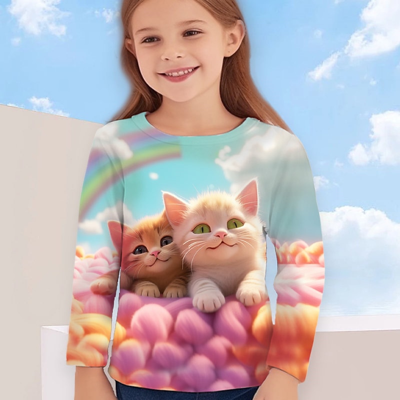 Girls' 3D Cartoon Cat Cloud T shirt Tee Long Sleeve 3D Print Summer Spring Fall Active Fashion Cute Kids 3-12 Years Outdoor Casual Daily Regular Fit