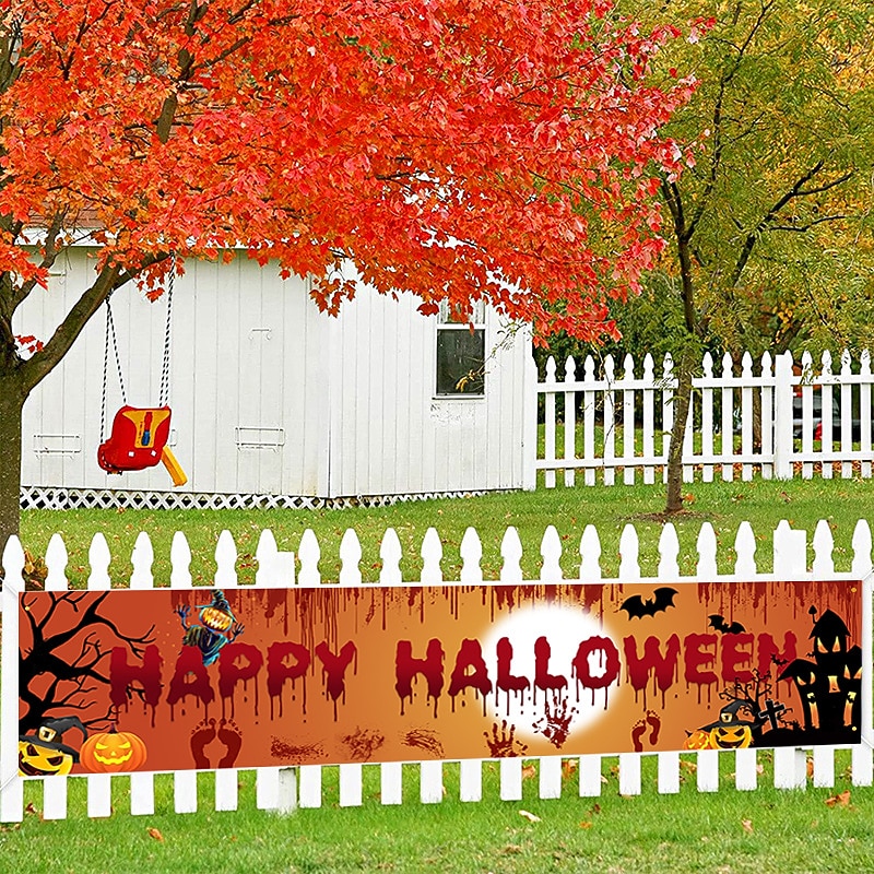 Halloween Banner Decoration Outdoor Banner Hanging Banner Front Door Porch Courtyard Sign Indoor Home Wall Decoration Halloween Party Welcome Sign