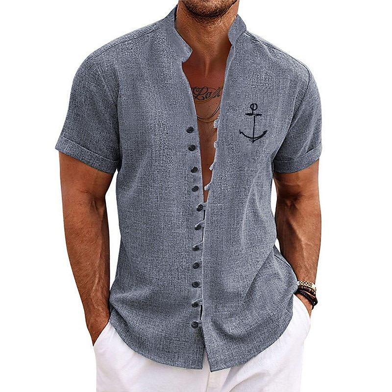 Men's Nautical Anchor Shirt Button Up Shirt Short Sleeve Fashion Streetwear Designer Outdoor Vacation Daily Summer Spring Stand Collar Print Blue Green Khaki Gray Light Blue2