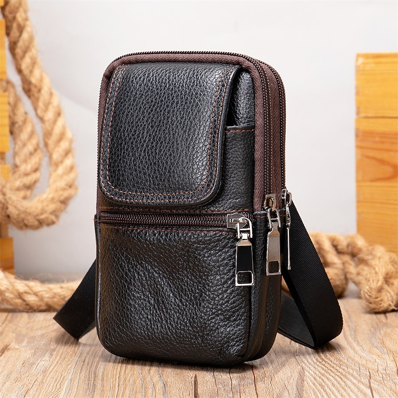 Men's Leather Crossbody Shoulder Bag - Compact Multi-Compartment Messenger Bag with Adjustable Strap for Travel and Everyday Use