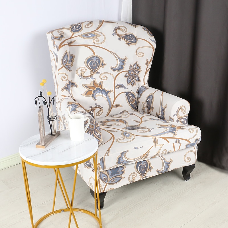 1 Set of 2 Pieces Floral Printed Stretch Wingback Chair Cover Wing Chair Slipcovers Spandex Fabric Wingback Armchair Covers with Elastic Bottom for Living Room Bedroom Decor4