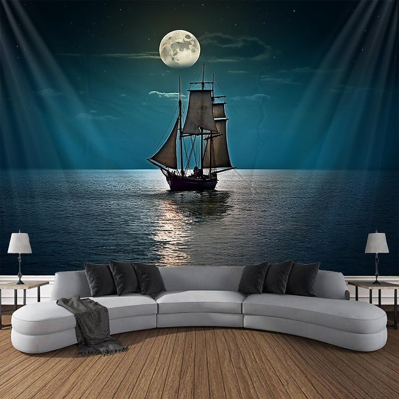 Sea Boat Hanging Tapestry Wall Art Large Tapestry Mural Decor Photograph Backdrop Blanket Curtain Home Bedroom Living Room Decoration2