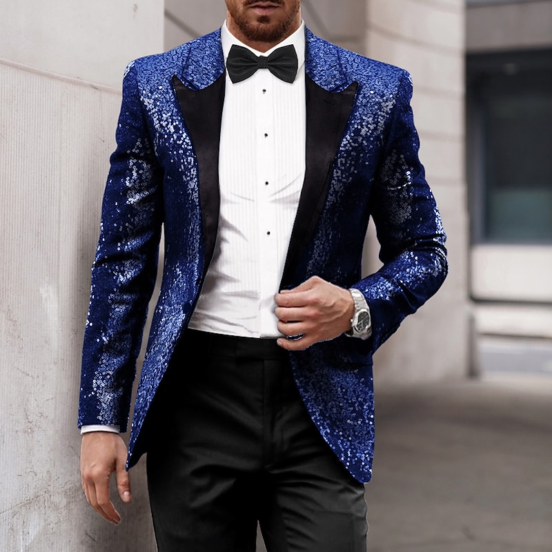 Men's Party Sequin Blazer 70s Disco Retro Casual Jacket Regular Solid Colored Single Breasted One-button Black Gold Silver Red Blue3