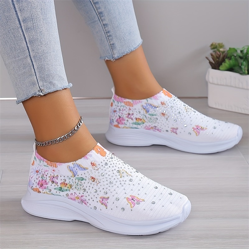 Women's White Slip-On Sneakers with Floral Print and Rhinestones for Casual Wear3