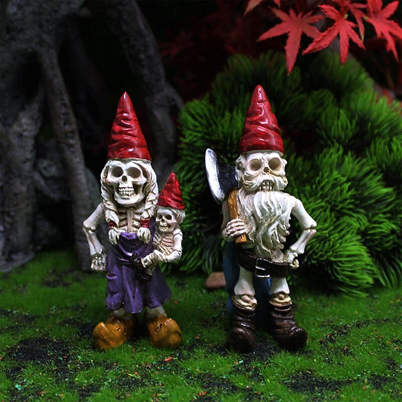 2pcs Halloween Skeleton Gnomes Resin Zombie Gnome Statues Skeleton Dwarf Ornament Horror Skull Elf Dwarf Figurines for Lawn Front Porch Halloween Decorations Table Decor4
