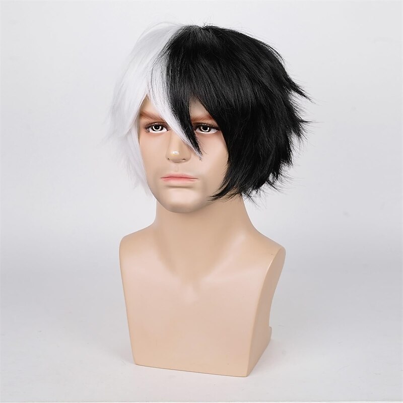 Unisex Anime Short Black and White Cosplay Wig With Bangs Heat Resistant Hair for Party Carnival Costume4