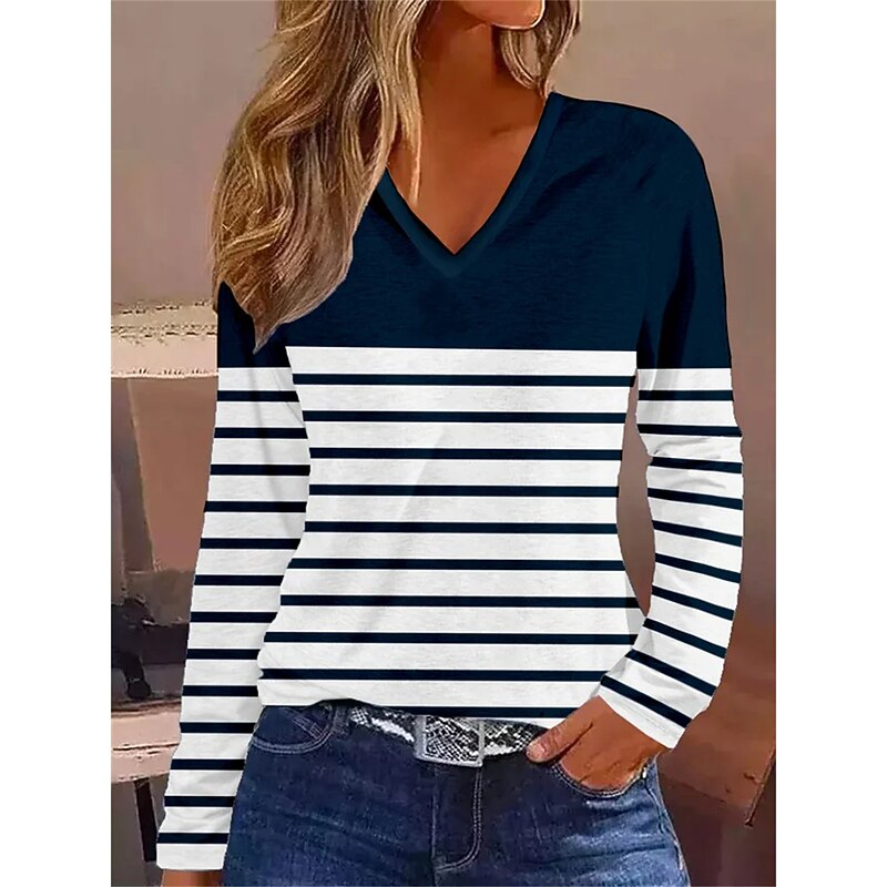 Women's T shirt Long Sleeve V Neck Long Sleeve Tunic Striped Basic Regular Tops Daily Weekend Print Navy Blue Fall & Winter Prefall