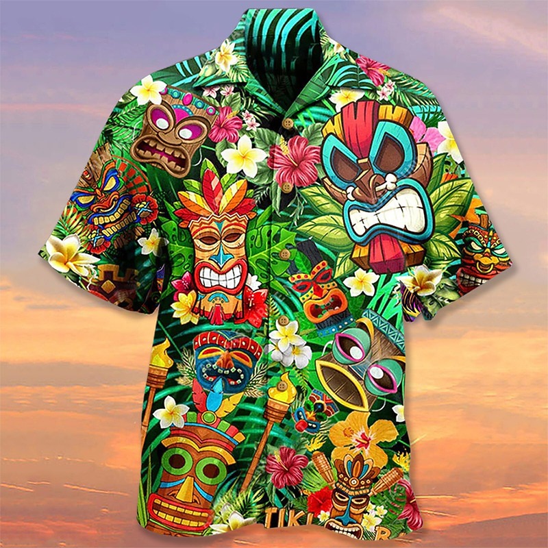 Men's Cartoon Mask Tropical Plants Summer Hawaiian Shirt Camp Collar Shirt Aloha Shirt Short Sleeve Shirt Turndown Fashion Hawaiian Designer Outdoor Street Casual Yellow Red Blue S M L2