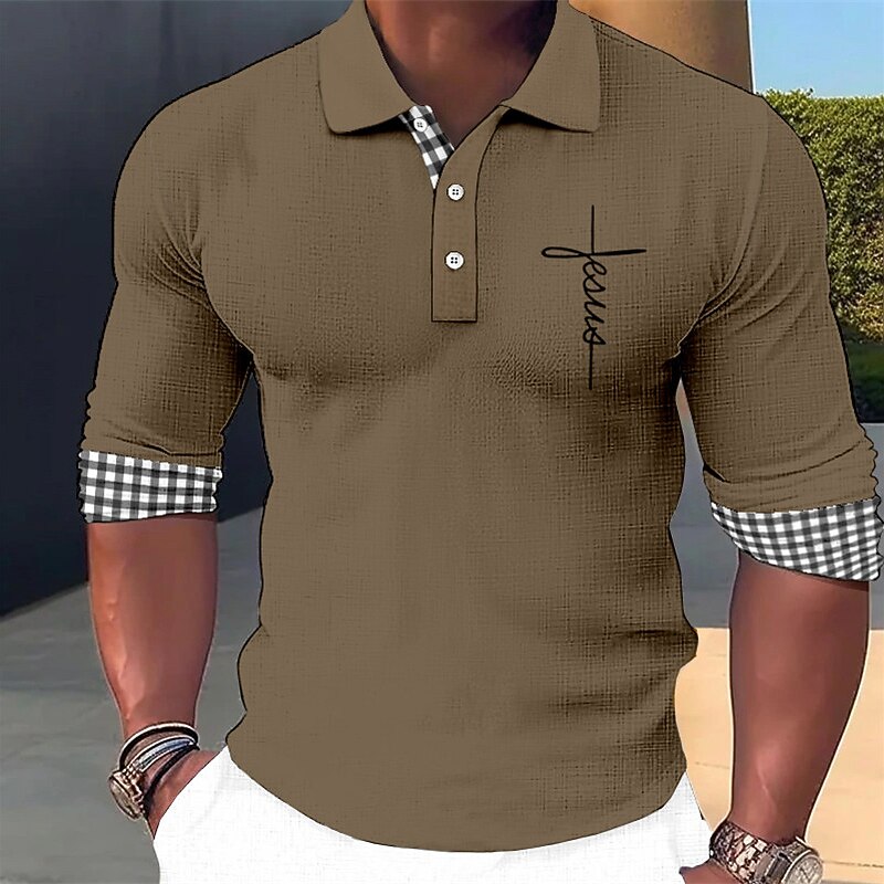 Men's Plaid Faith Hawaiian Polo Shirts Golf Shirt Long Sleeve Polo Shirts Collared Shirts Casual Beach Wear Vacation Wear Party Outfits 3D Print Buttons Blue-Green White Blue2