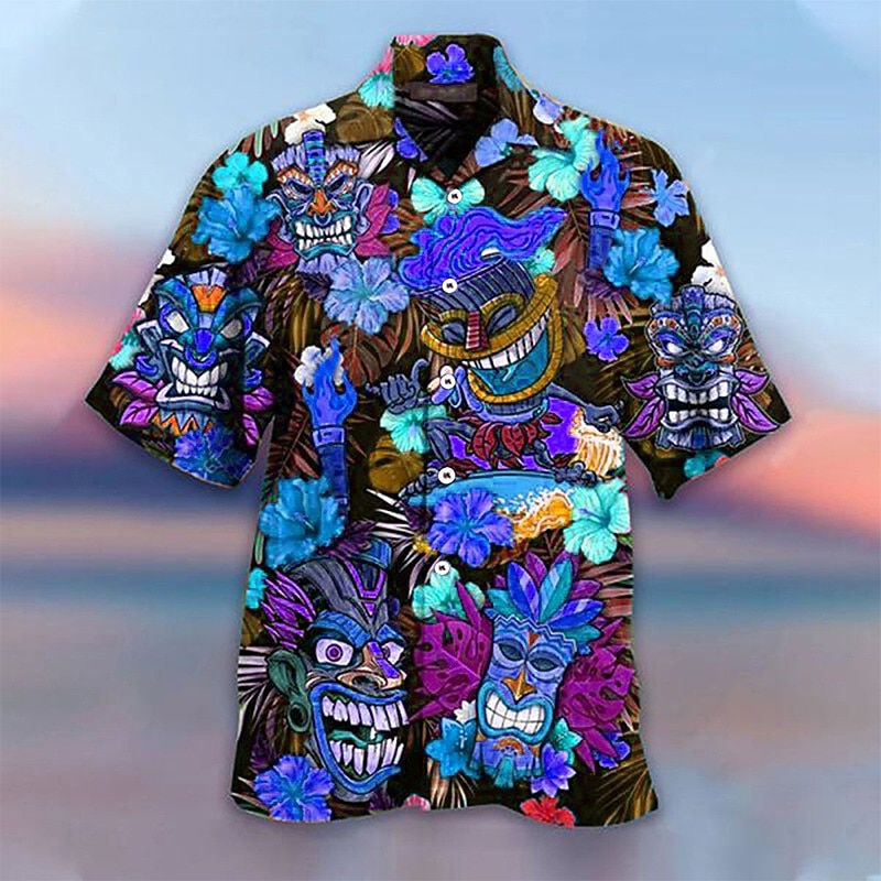 Men's Cartoon Mask Tropical Plants Summer Hawaiian Shirt Camp Collar Shirt Aloha Shirt Short Sleeve Shirt Turndown Fashion Hawaiian Designer Outdoor Street Casual Yellow Red Blue S M L3