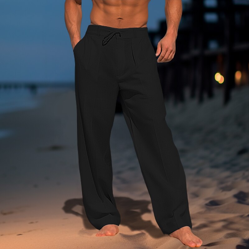 Men's Trousers Summer Pants Beach Pants Drawstring Pleats Straight Leg Plain Comfort Breathable Wedding Casual Daily Fashion Classic Style Black White4