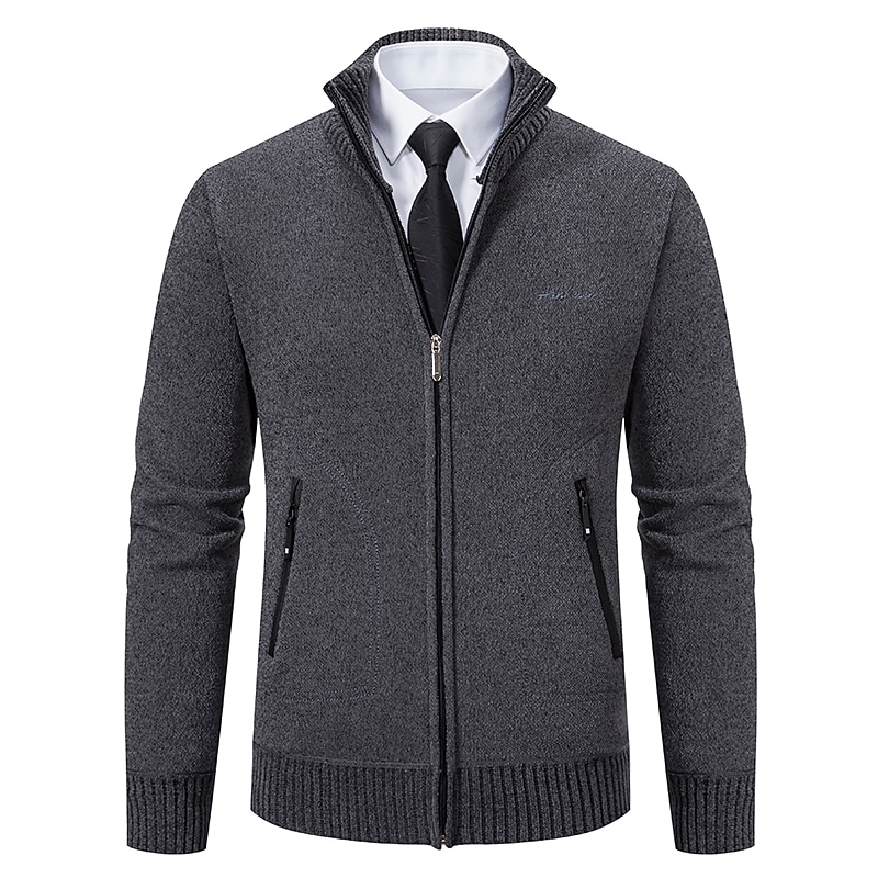 Men's Sweater Cardigan Sweater Ribbed Knit Regular Knitted Stand Collar Warm Ups Modern Contemporary Daily Wear Going out Clothing Apparel Fall & Winter Black Light Grey S M L3
