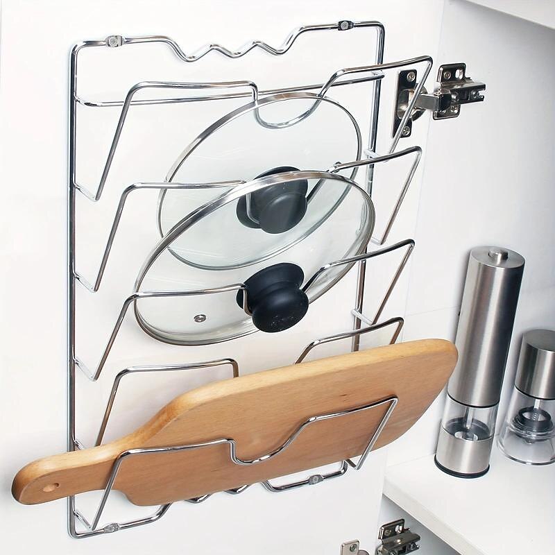 Space-Saving Metal Kitchen Rack - Multifunctional Wall-Mount Pot Lid & Cutting Board Holder, Step Shelf Design3