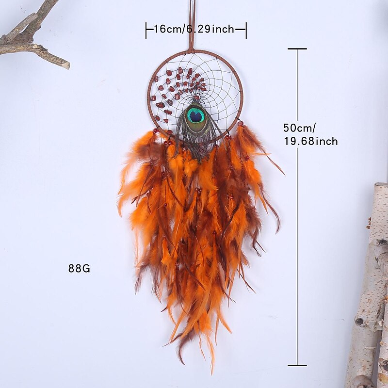 Orange Dream Catcher Handmade Gift with Feather Wall Hanging Decor Art Wind Chimes Boho Style Home Pendant 16x50cm / 6.3''x19.69''2