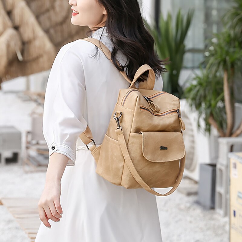 Women's Backpack School Bag Bookbag Commuter Backpack School Daily Solid Color PU Leather Large Capacity Waterproof Durable Zipper caramel colour Black Pink2