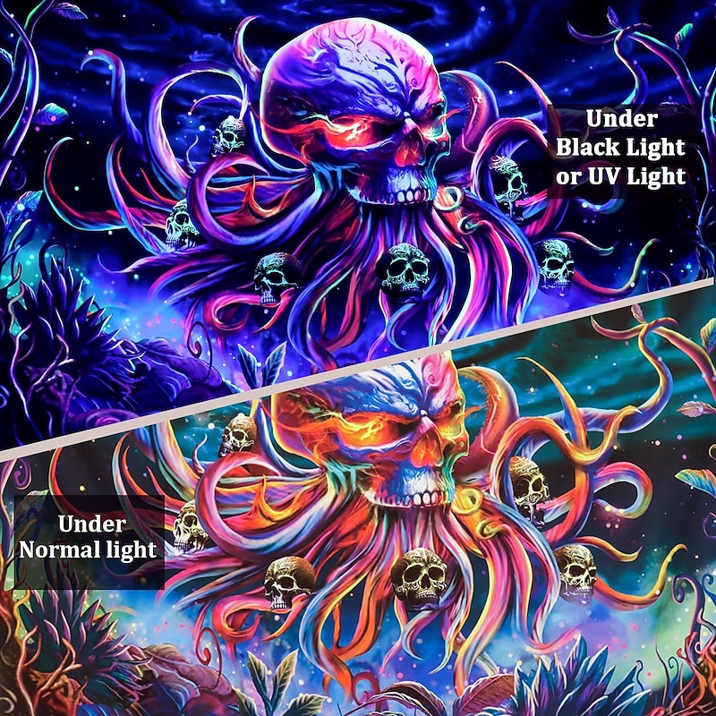 Skull Octopus Blacklight Tapestry UV Reactive Trippy Undersea Skeleton Hanging Tapestry Wall Art Mural for Living Room Bedroom  Decorations3