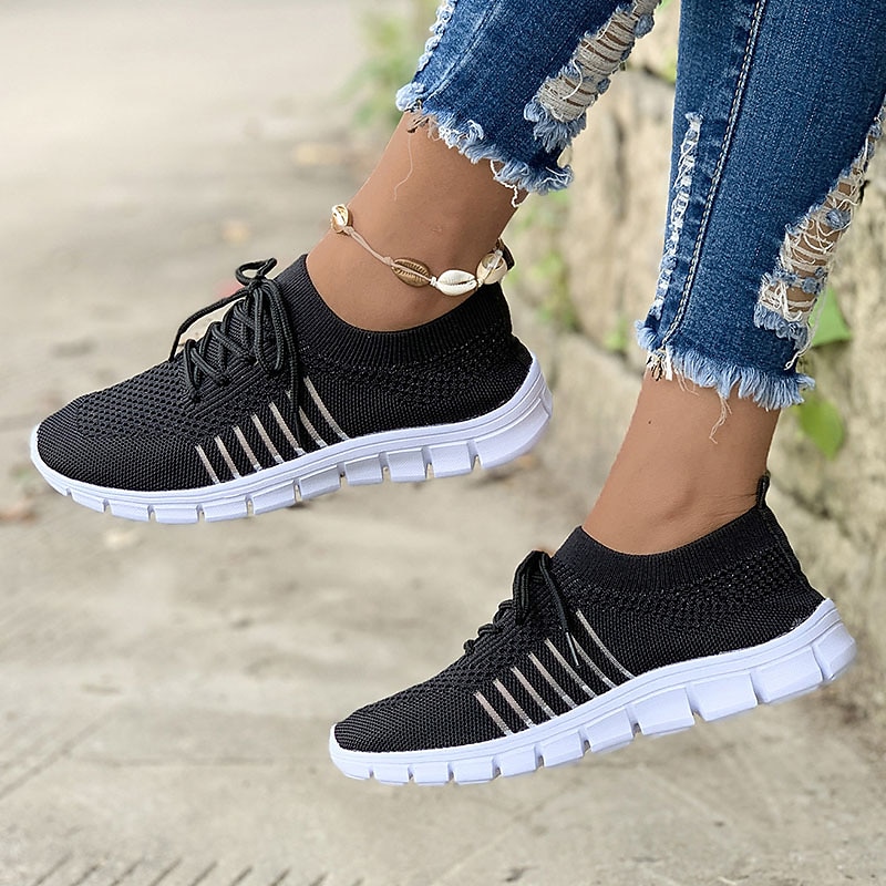 Women's Black Knit Sneakers with White Sole for Running and Casual Wear2