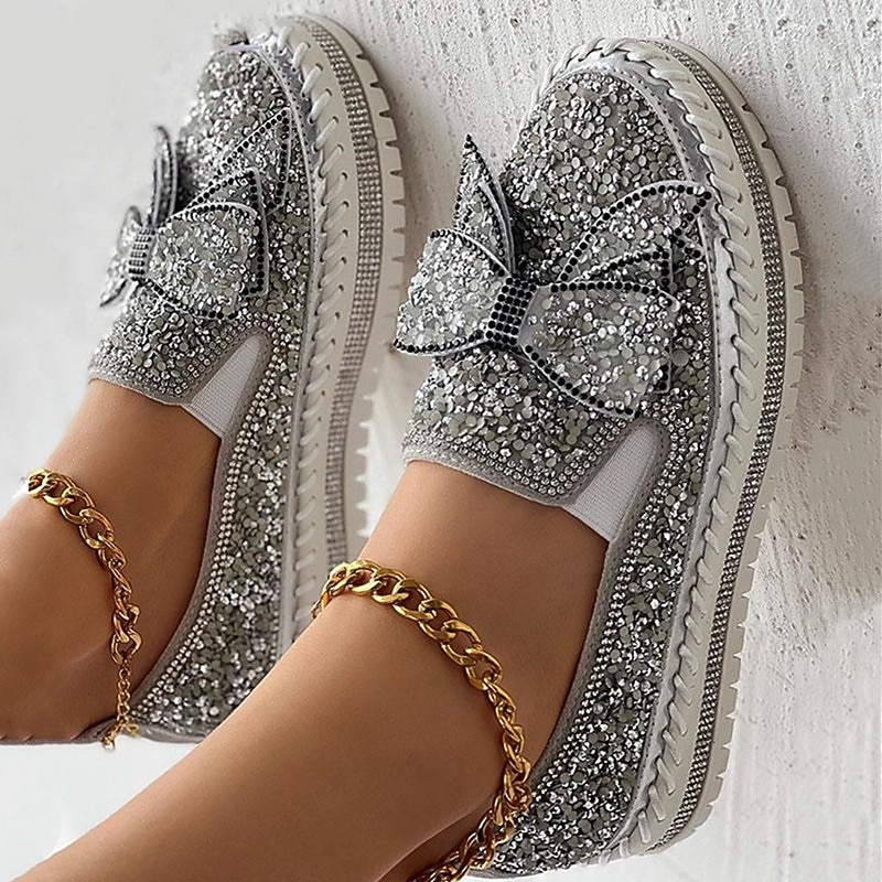 Women's Sparkly Rhinestone Slip-On Sneakers – Glitter Bow Platform Loafers for Party, Casual & Streetwear Fashion3