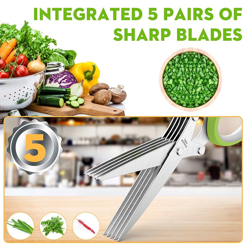 5 Blade Kitchen Salad Scissors - Cool Kitchen Gadgets for Cutting Fresh Garden Herbs - Herb Cutter Shears with 5 Blades and Cover, Sharp and Anti-rust Stainless Steel, Dishwasher Safe3