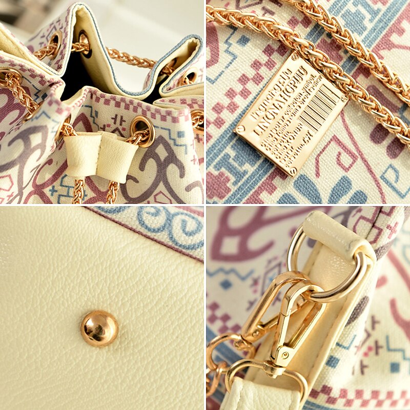 Women's Geometric Print Drawstring Bucket Bag with Gold Chain Strap – Casual Crossbody Handbag for Daily Use3